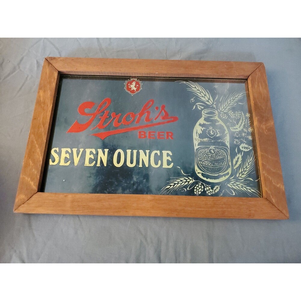 Vtg Antique Stroh's Beer Seven Ounces Mirror Sign Advertisement W/ Wooden Frame